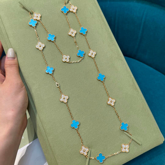 [CiCi]CLOVER 20 MOTIFS TURQUOISE DIAMOND NECKLACE
