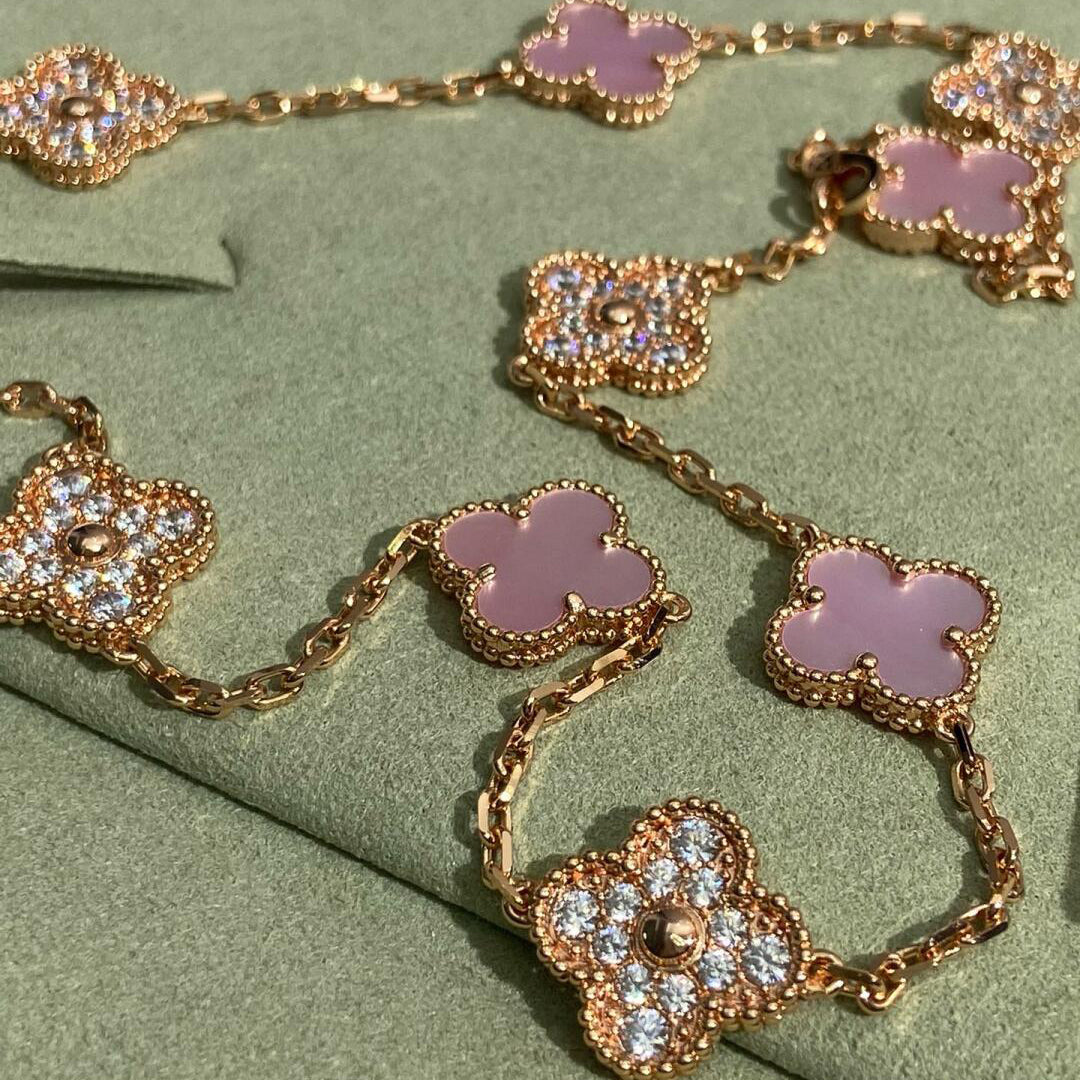 [CiCi]CLOVER 10 MOTIFS DIAMOND PINK MOP NECKLACE