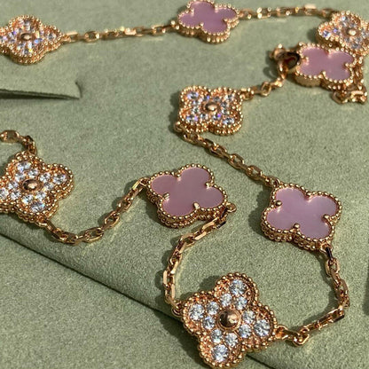 [CiCi]CLOVER 10 MOTIFS DIAMOND PINK MOP NECKLACE