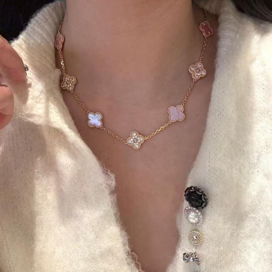 [CiCi]CLOVER 10 MOTIFS DIAMOND PINK MOP NECKLACE