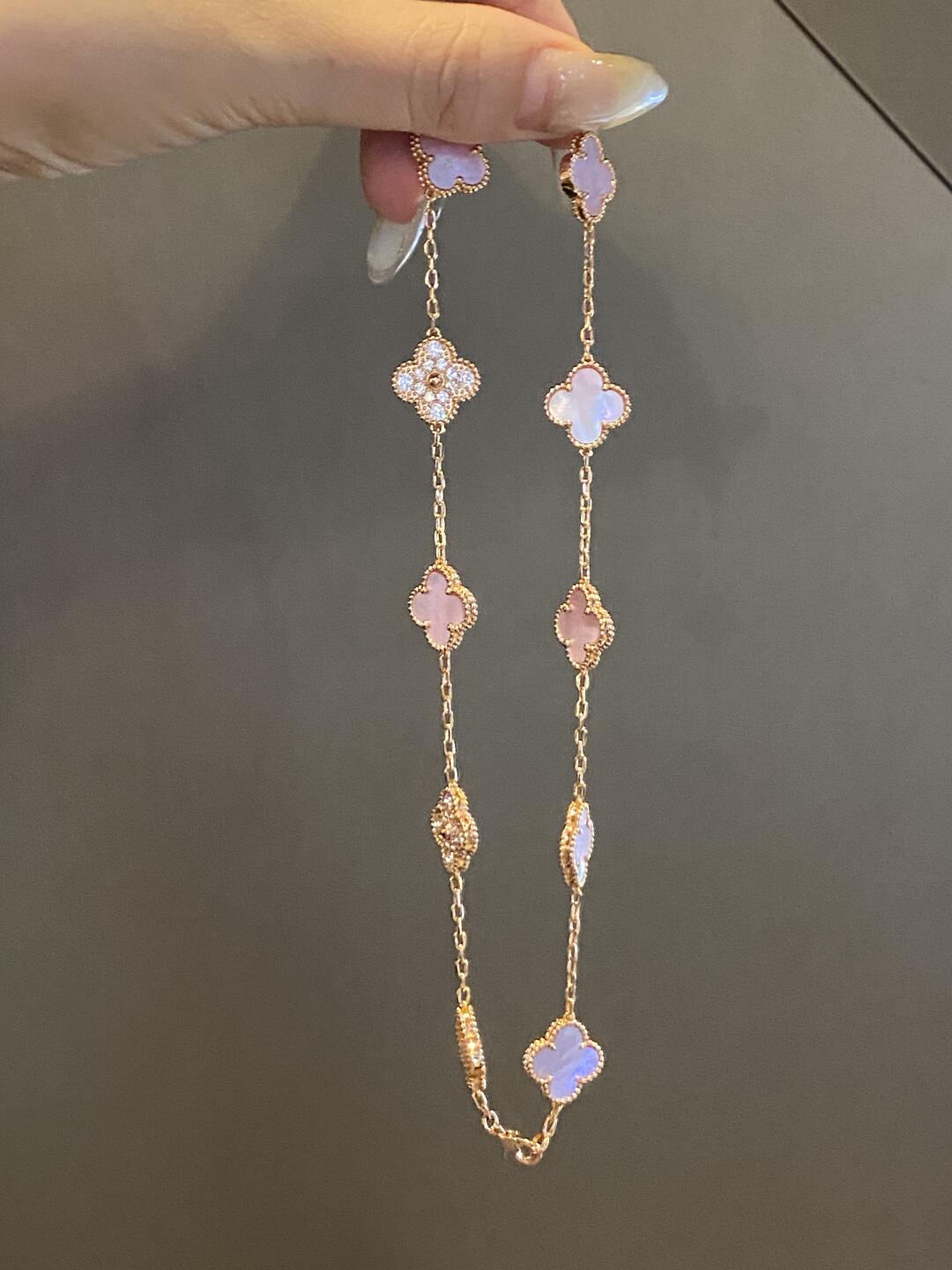 [CiCi]CLOVER 10 MOTIFS DIAMOND PINK MOP NECKLACE