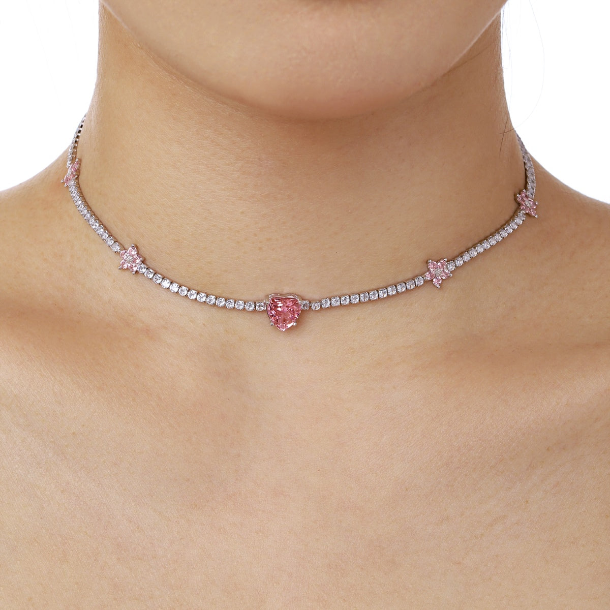 [CiCi]Dazzling Pink Heart Flower Necklace