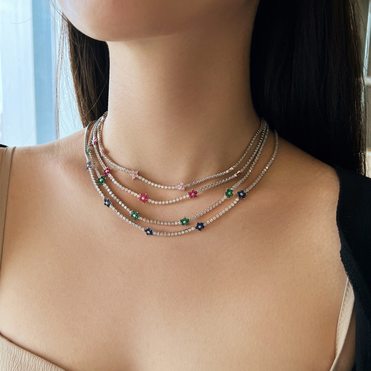 [CiCi]Luxurious Colorful Flower Tennis Necklace
