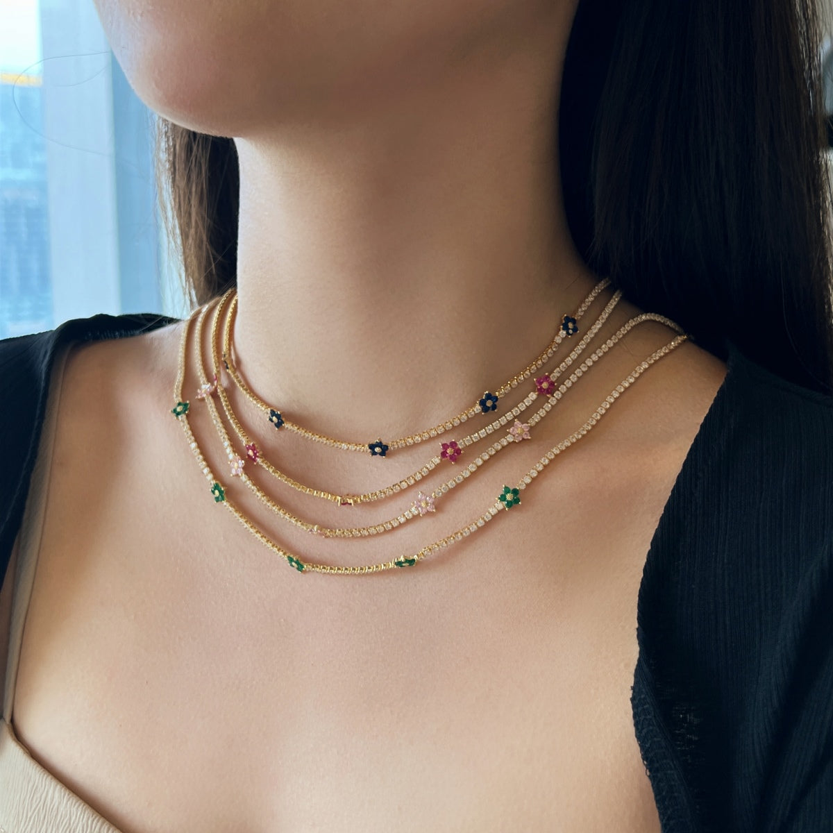 [CiCi]Luxurious Colorful Flower Tennis Necklace