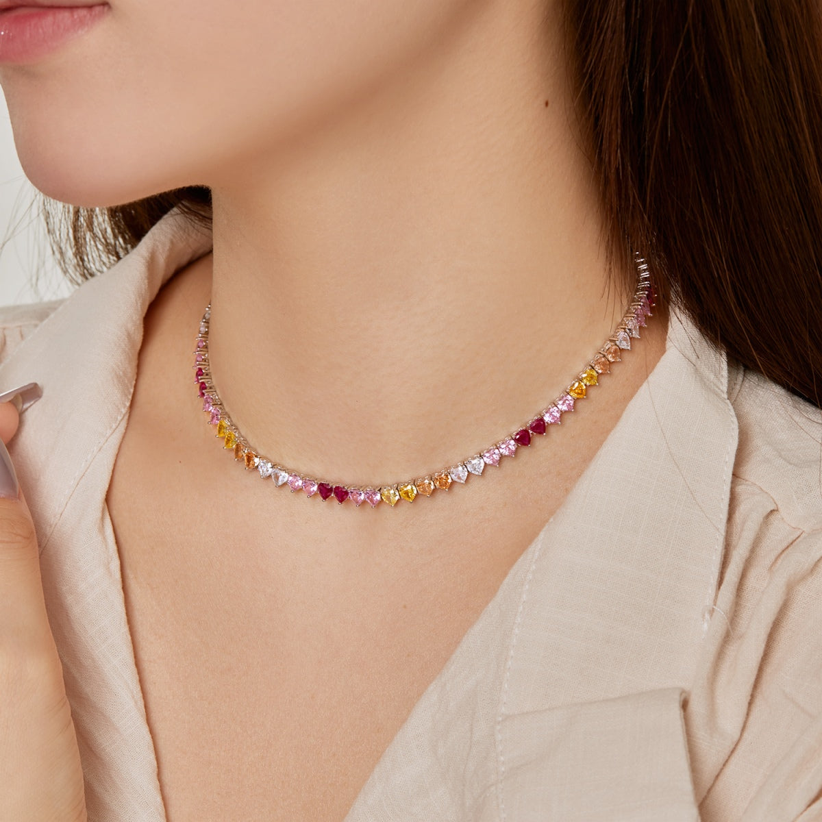[CiCi]Sparkling Colorful Full Heart Tennis Necklace
