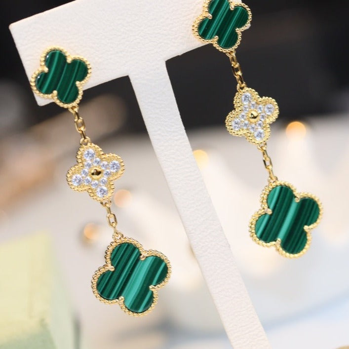 [CiCi]CLOVER EARRINGS GOLD MALACHITE DIAMOND 3 MOTIF