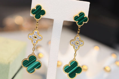 [CiCi]CLOVER EARRINGS GOLD MALACHITE DIAMOND 3 MOTIF