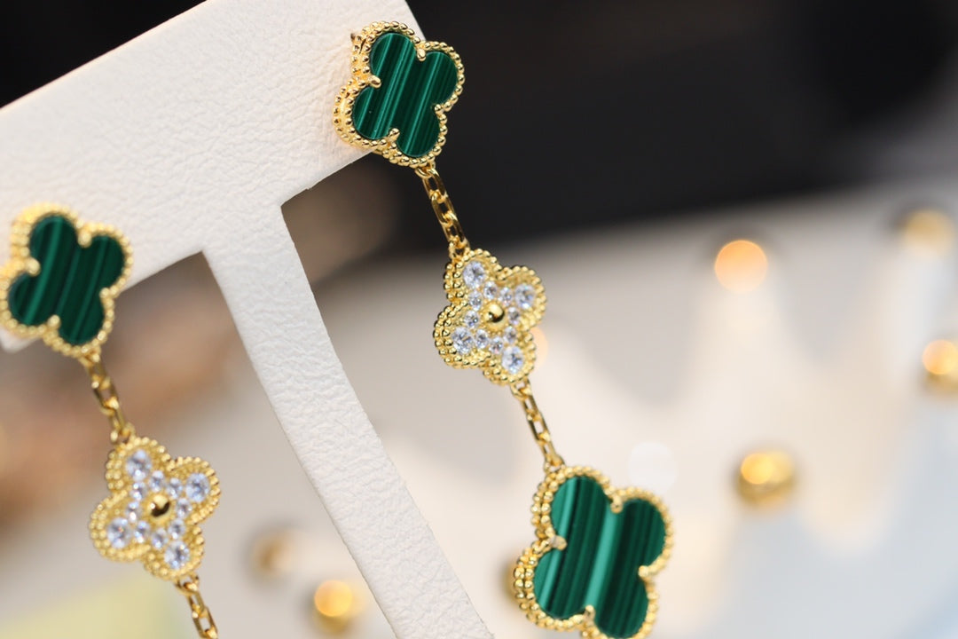 [CiCi]CLOVER EARRINGS GOLD MALACHITE DIAMOND 3 MOTIF
