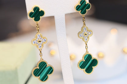 [CiCi]CLOVER EARRINGS GOLD MALACHITE DIAMOND 3 MOTIF