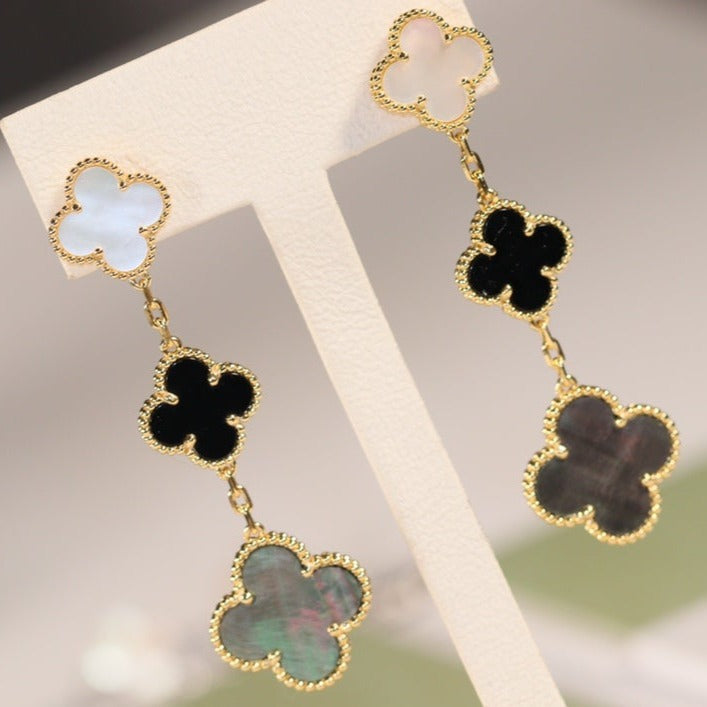 [CiCi]CLOVER EARRINGS GOLD ONYX MOP 3 MOTIF