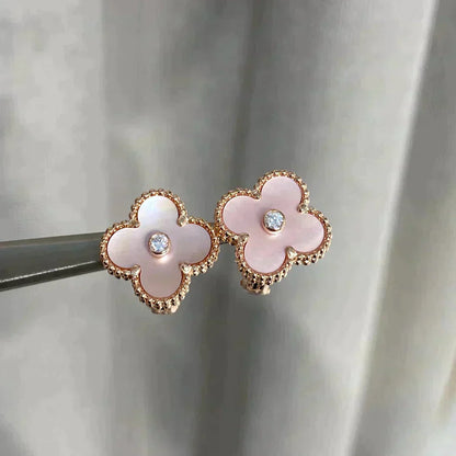 [CiCi]CLOVER MEDIUM 1 MOTIFS  PINK MOP DIAMOND EARRINGS