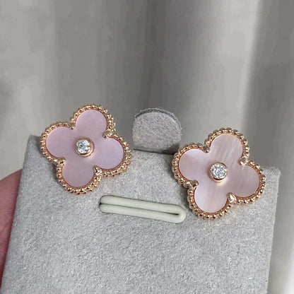 [CiCi]CLOVER MEDIUM 1 MOTIFS  PINK MOP DIAMOND EARRINGS