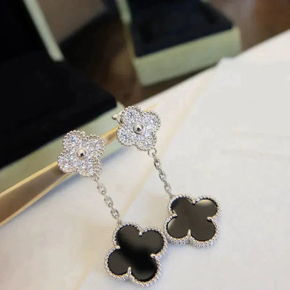 [CiCi]CLOVER 2 MOTIFS  DIAMOND ONYX EARRINGS SILVER