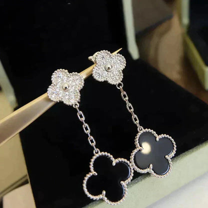 [CiCi]CLOVER 2 MOTIFS  DIAMOND ONYX EARRINGS SILVER