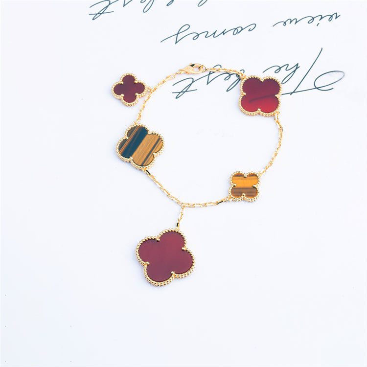 [CiCi]CLOVER BRACELET 5 MOTIFS CARNELIAN TIGER EYE