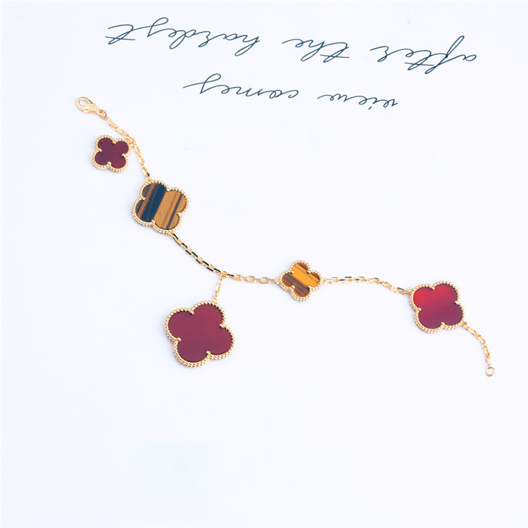 [CiCi]CLOVER BRACELET 5 MOTIFS CARNELIAN TIGER EYE