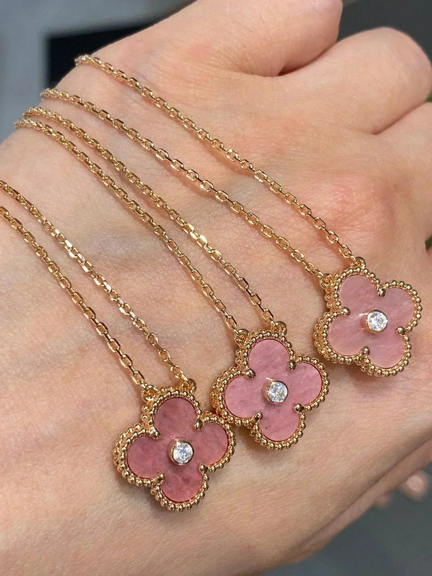 [CiCi]CLOVER 15MM DIAMANT RHODONIT HALSKETTE