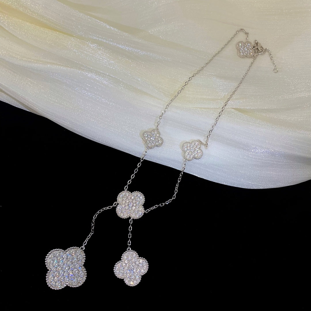 [CiCi]CLOVER 5 MOTIFS SILVER DIAMONDS NECKLACE