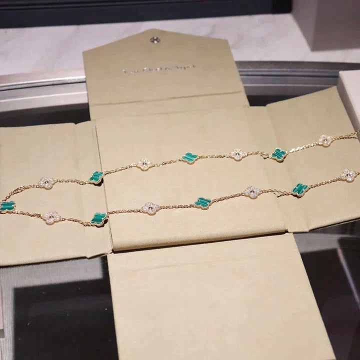 [CiCi]CLOVER 20 MOTIFS MALACHITE DIAMOND NECKLACE