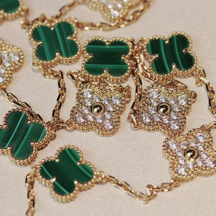 [CiCi]CLOVER 20 MOTIFS MALACHITE DIAMOND NECKLACE