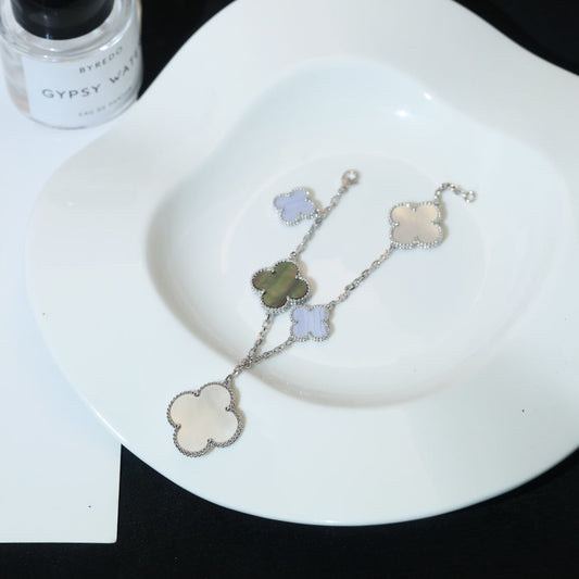 [CiCi]CLOVER BRACELET 5 MOTIFS MOP CHALCEDONY SILVER