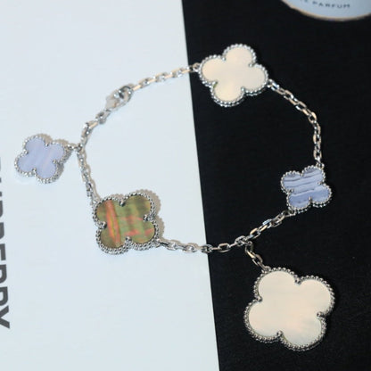 [CiCi]CLOVER BRACELET 5 MOTIFS MOP CHALCEDONY SILVER