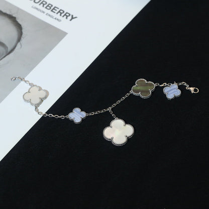 [CiCi]CLOVER BRACELET 5 MOTIFS MOP CHALCEDONY SILVER