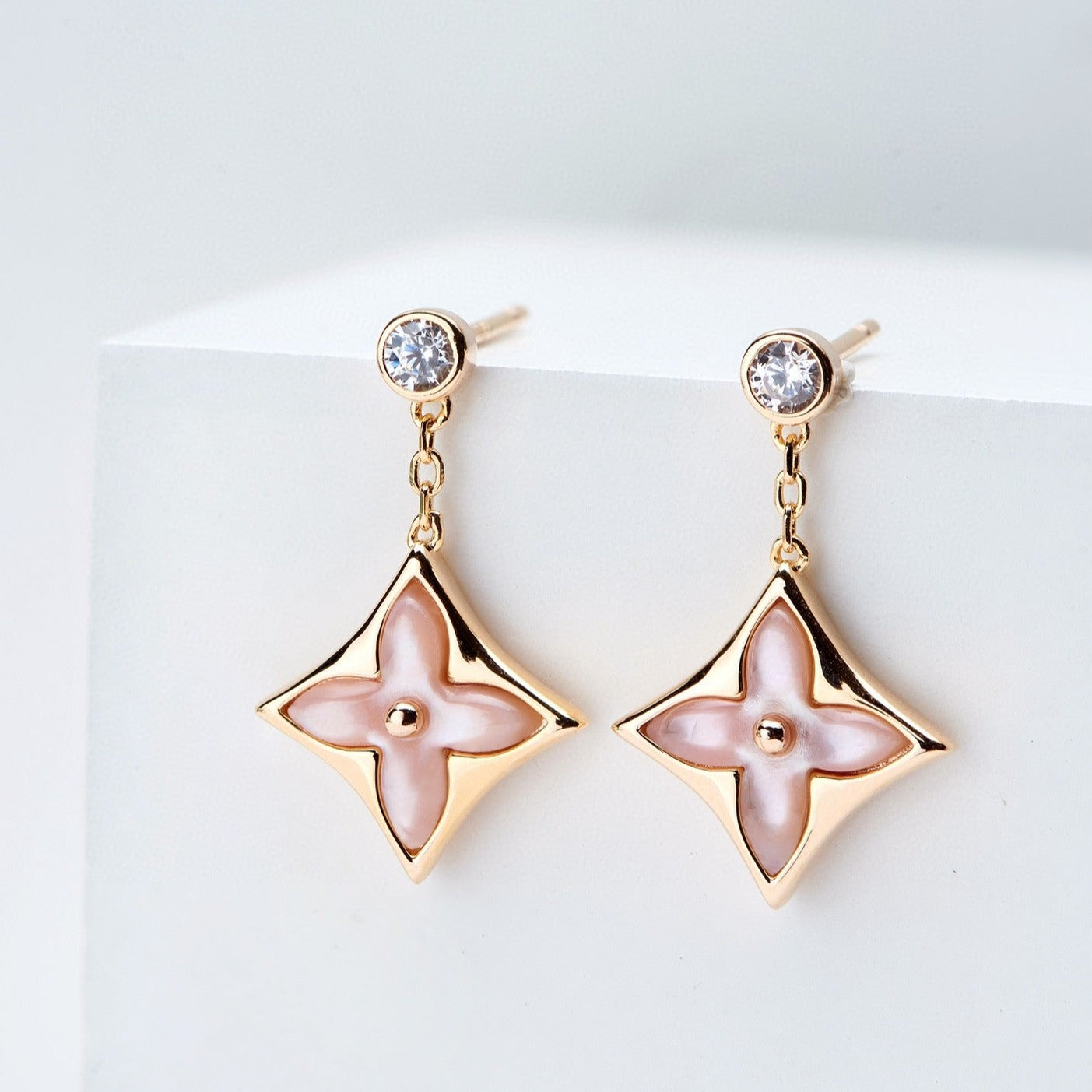 [CiCi]DOUBLE STAR PINK GOLD MOP DROP EARRINGS