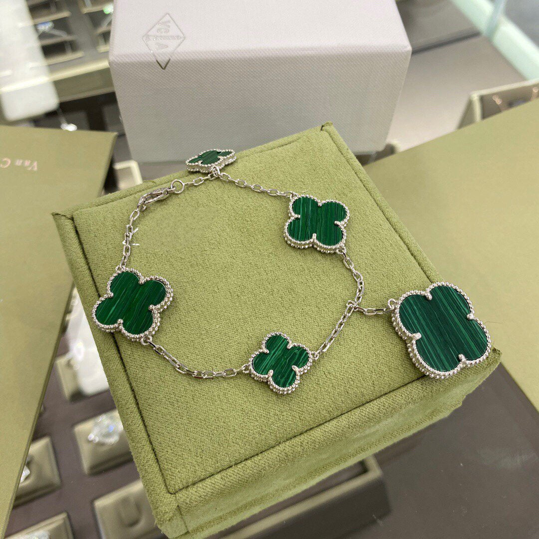 [CiCi]CLOVER 5 MOTIFS SIVLER MALACHITE BRACELET