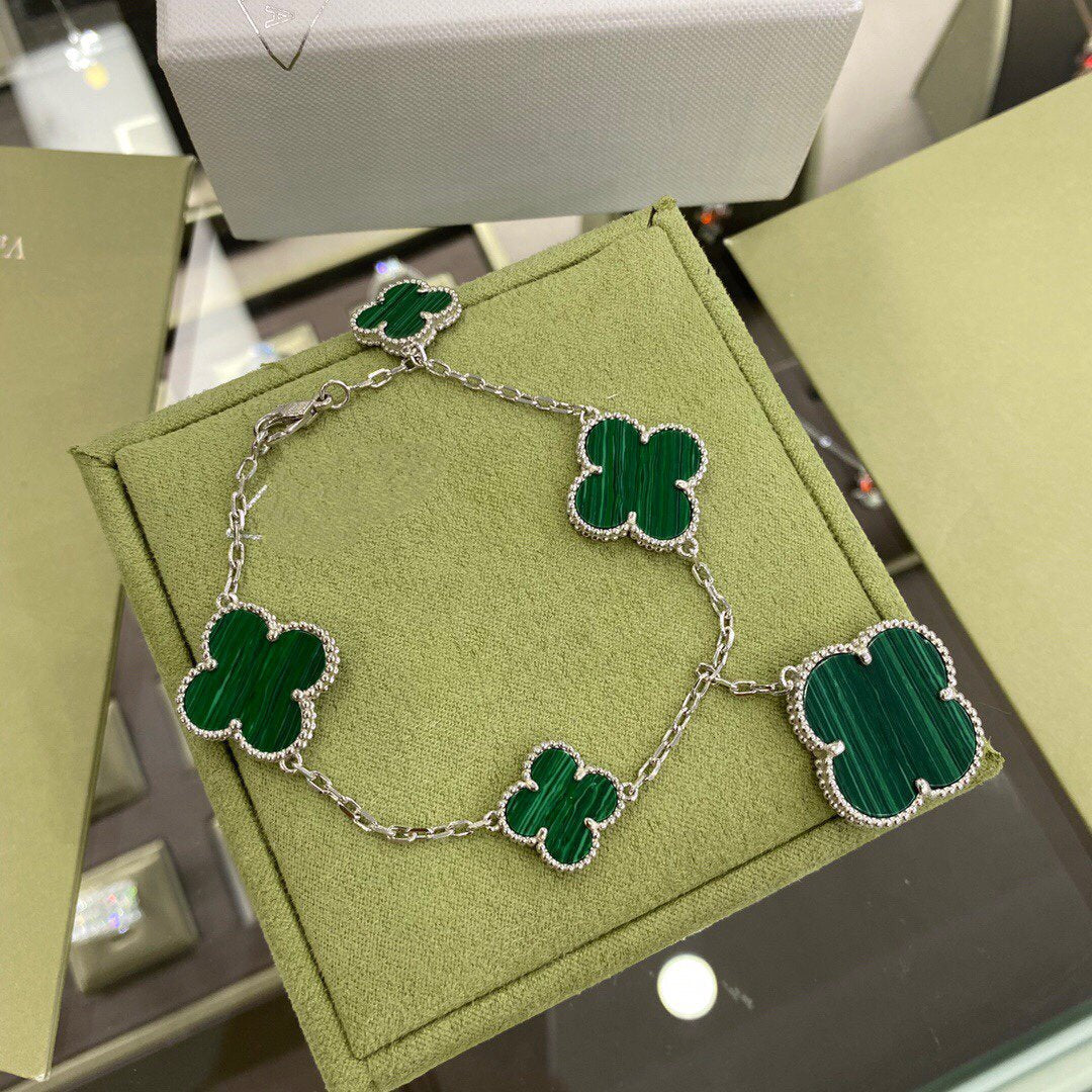 [CiCi]CLOVER 5 MOTIFS SIVLER MALACHITE BRACELET