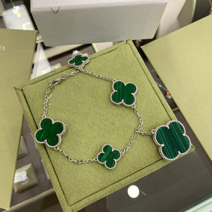 [CiCi]CLOVER 5 MOTIFS SIVLER MALACHITE BRACELET