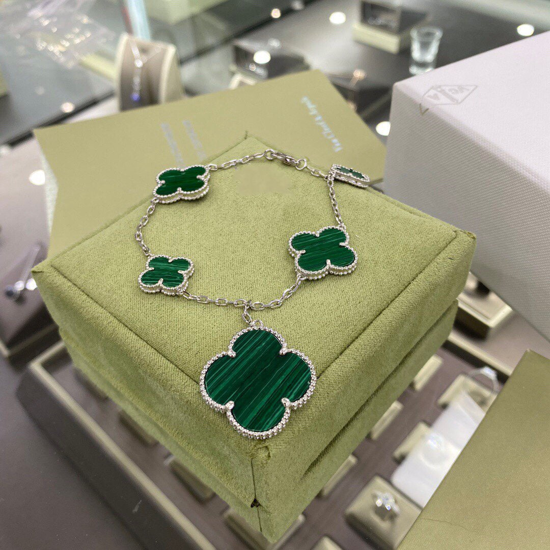 [CiCi]CLOVER 5 MOTIFS SIVLER MALACHITE BRACELET