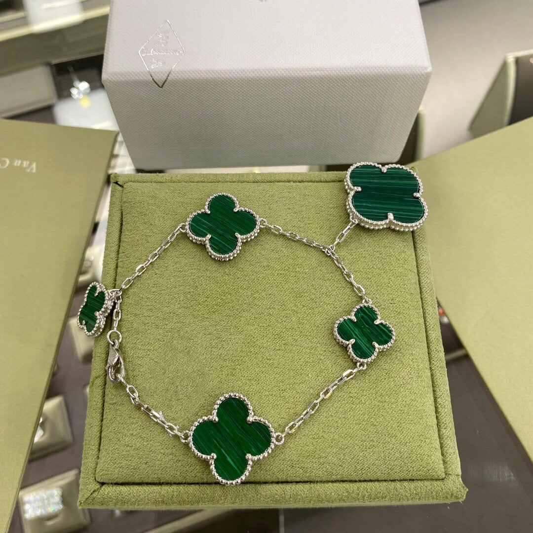 [CiCi]CLOVER 5 MOTIFS SIVLER MALACHITE BRACELET