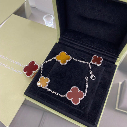 [CiCi]CLOVER 5 MOTIFS SIVLER CARNELIAN TIGER EYE BRACELET