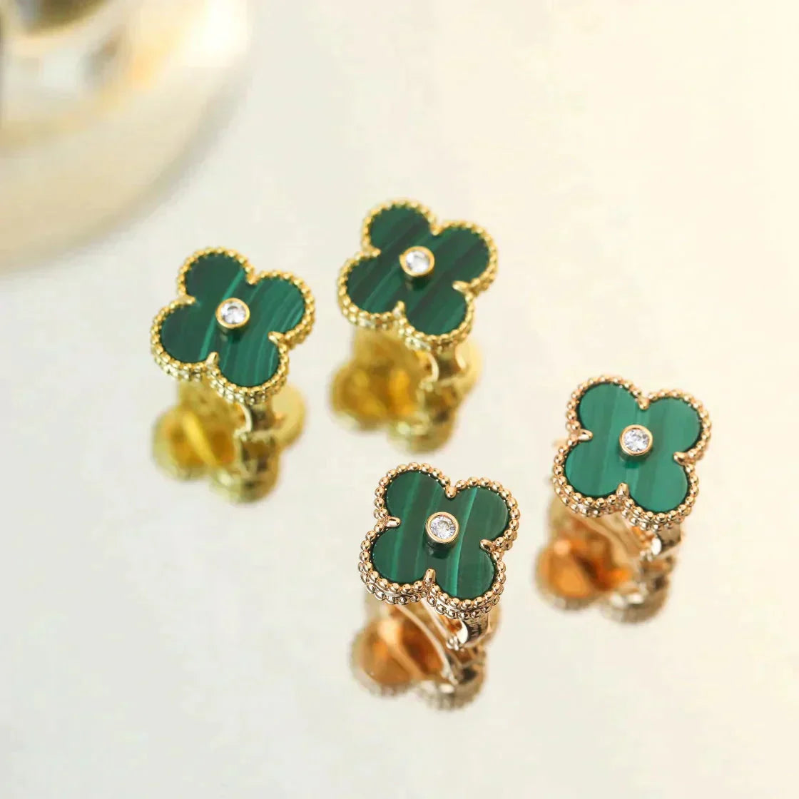 [CiCi]CLOVER MEDIUM 1 MOTIFS MALACHITE DIAMOND EARRINGS