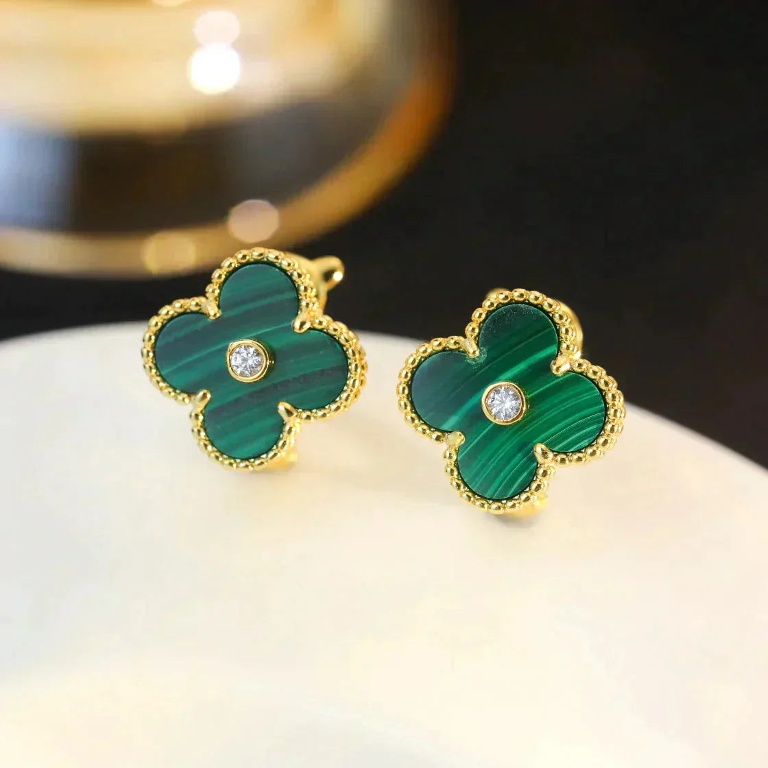 [CiCi]CLOVER MEDIUM 1 MOTIFS MALACHITE DIAMOND EARRINGS
