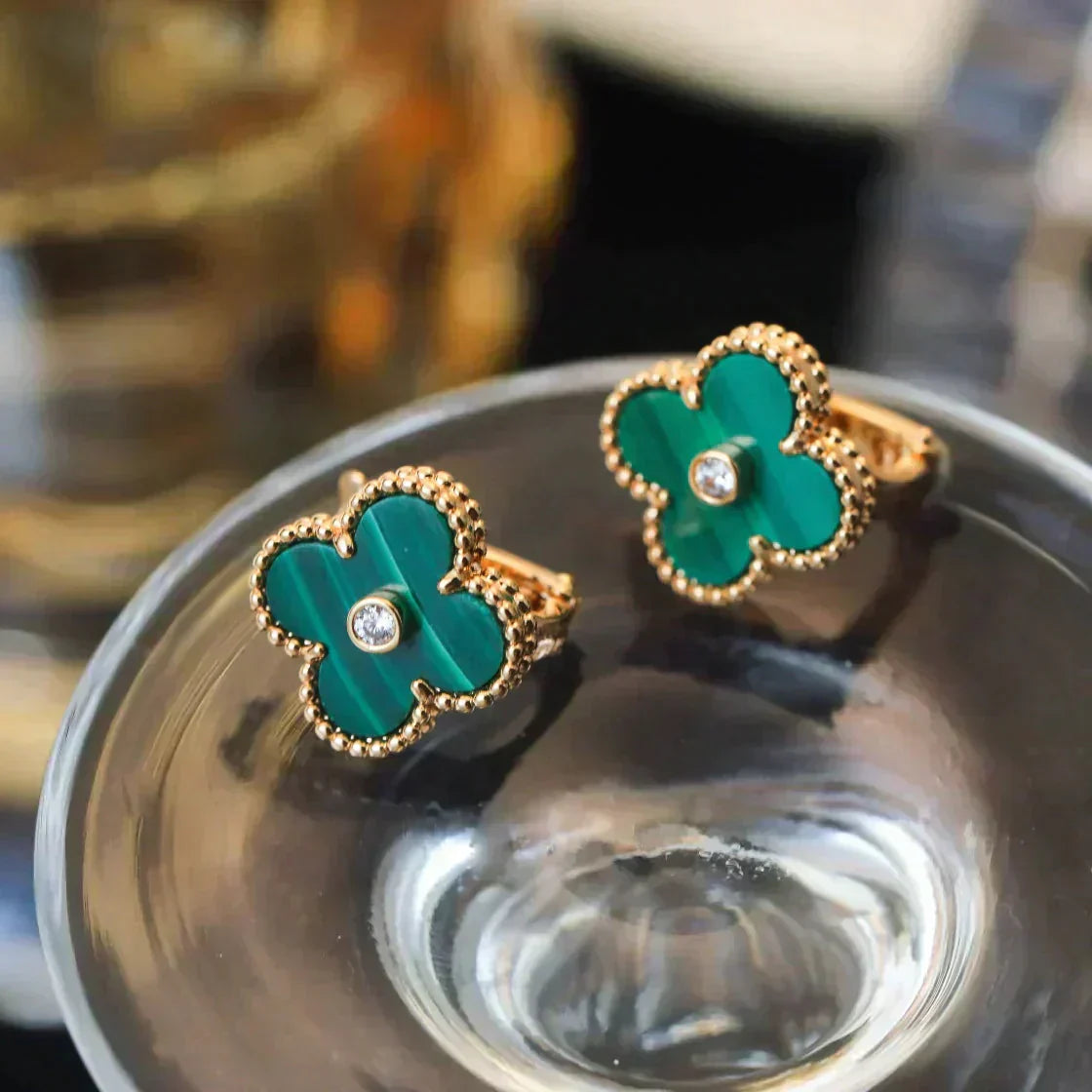 [CiCi]CLOVER MEDIUM 1 MOTIFS MALACHITE DIAMOND EARRINGS
