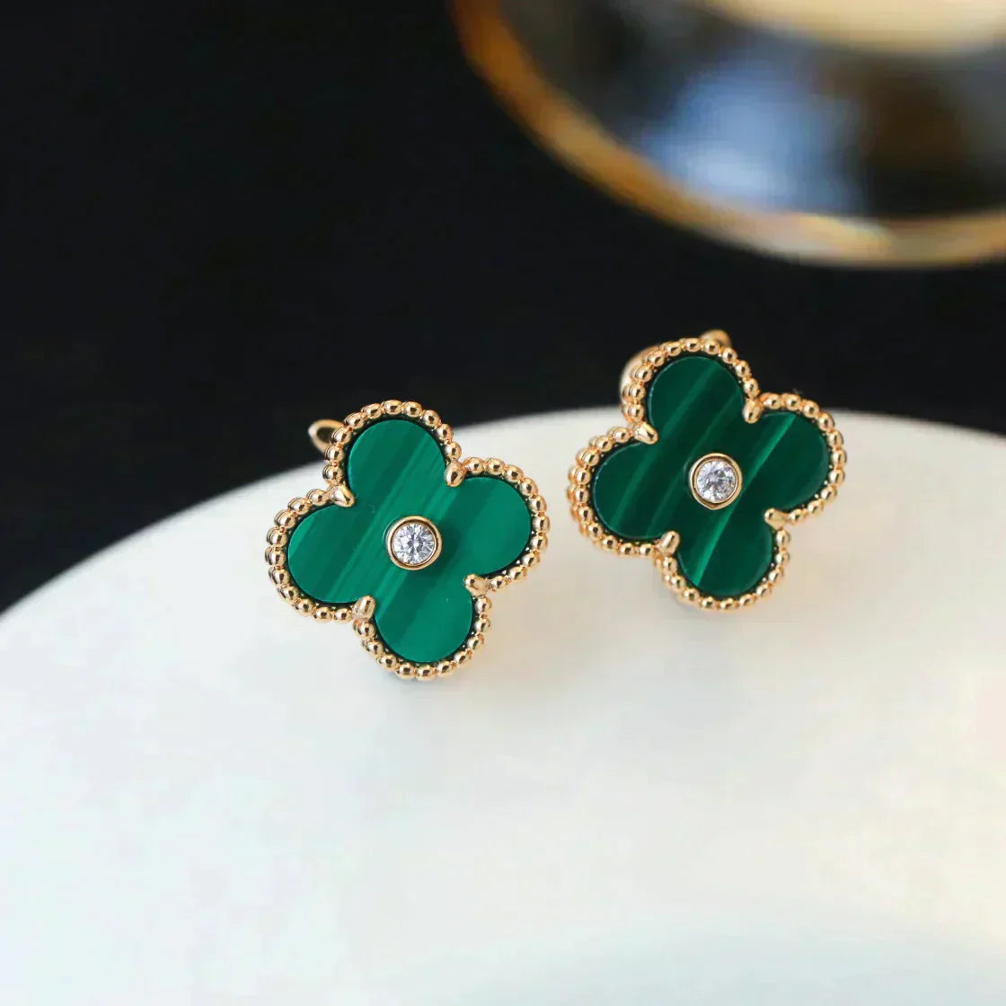 [CiCi]CLOVER MEDIUM 1 MOTIFS MALACHITE DIAMOND EARRINGS