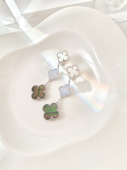 [CiCi]CLOVER 3 MOTIFS CHALCEDONY DARK MOP SILVER EARRINGS