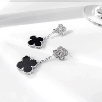 [CiCi]CLOVER 2 MOTIFS  DIAMOND ONYX EARRINGS SILVER