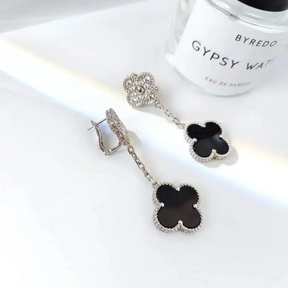 [CiCi]CLOVER 2 MOTIFS  DIAMOND ONYX EARRINGS SILVER