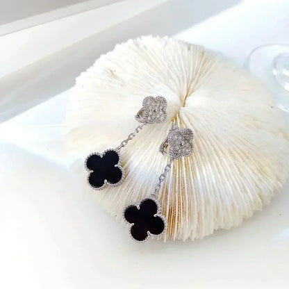 [CiCi]CLOVER 2 MOTIFS  DIAMOND ONYX EARRINGS SILVER