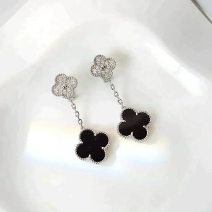 [CiCi]CLOVER 2 MOTIFS  DIAMOND ONYX EARRINGS SILVER