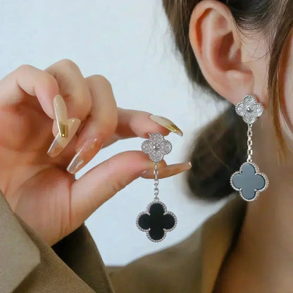 [CiCi]CLOVER 2 MOTIFS  DIAMOND ONYX EARRINGS SILVER