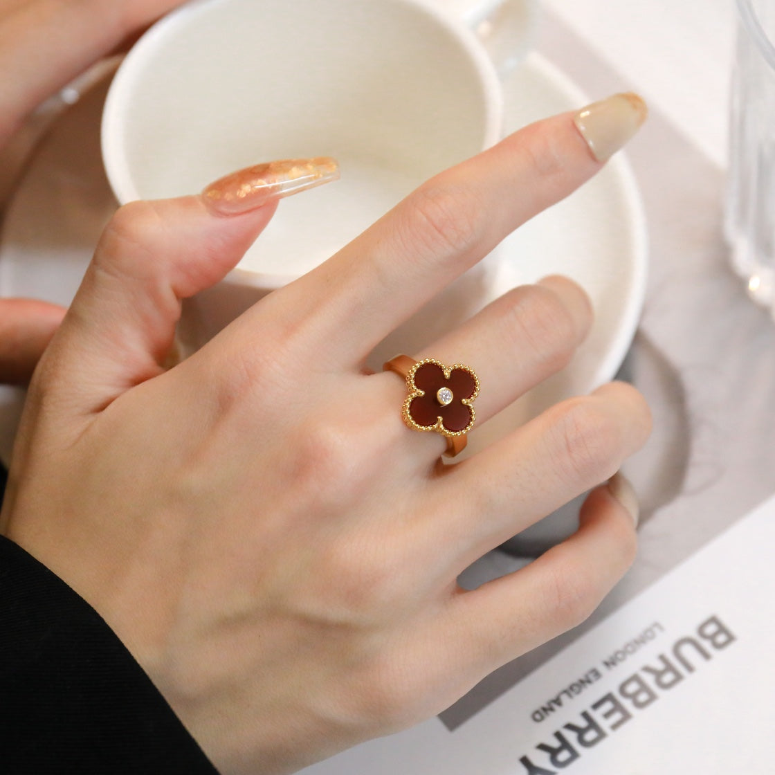 [CiCi]CLOVER CARNELIAN RING ROSE GOLD DIAMOND