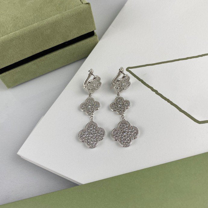[CiCi]CLOVER 3 MOTIF DIAMOND SILVER DROP EARRINGS