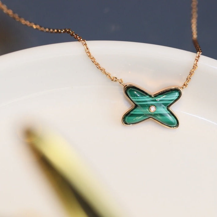 [CiCi]JEUX MALACHITE 1 DIAMOND PINK GOLD NECKLACE