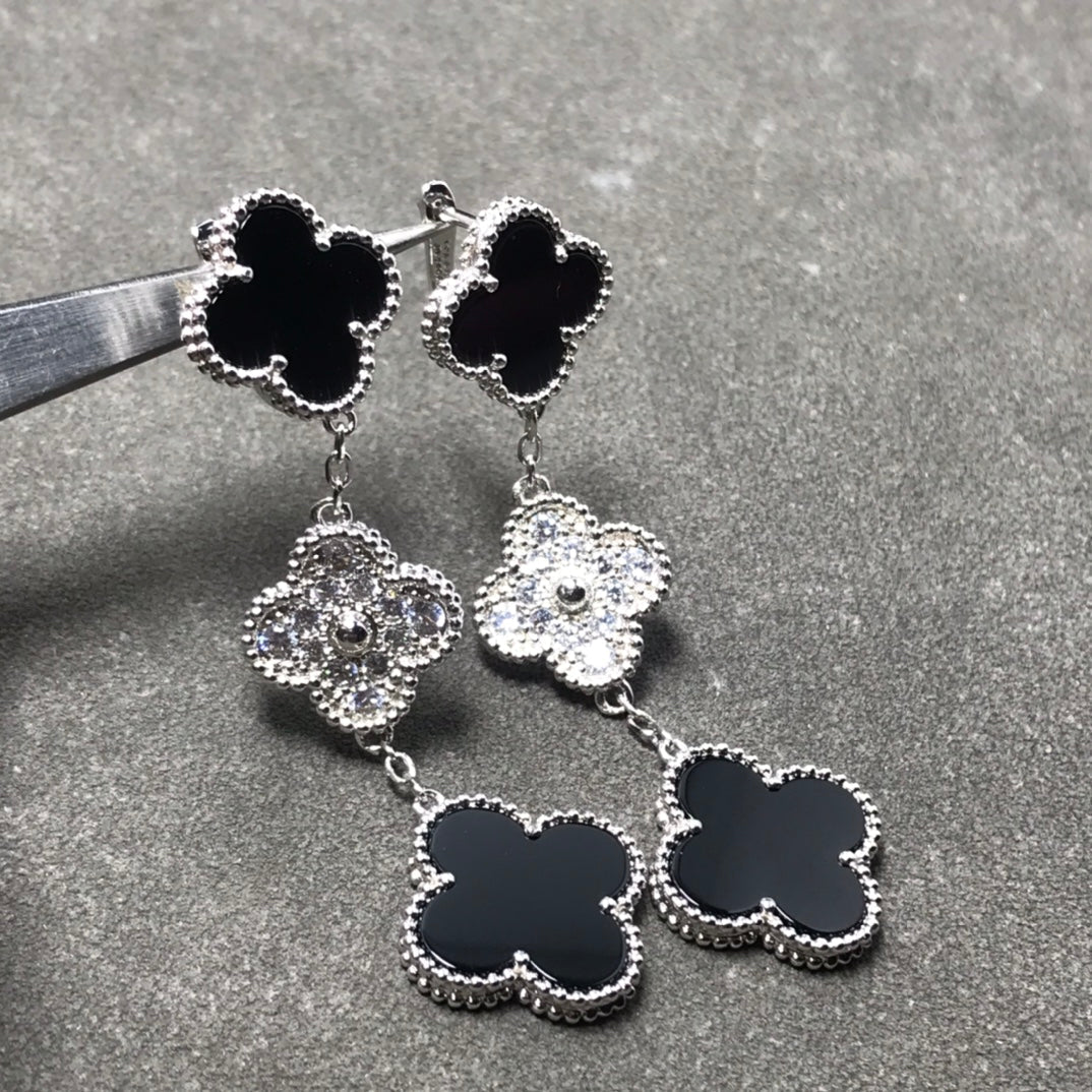 [CiCi]CLOVER 3 MOTIF DIAMOND ONYX SILVER EARRINGS