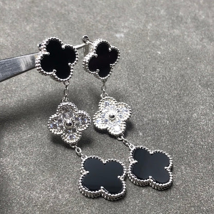 [CiCi]CLOVER 3 MOTIF DIAMOND ONYX SILVER EARRINGS