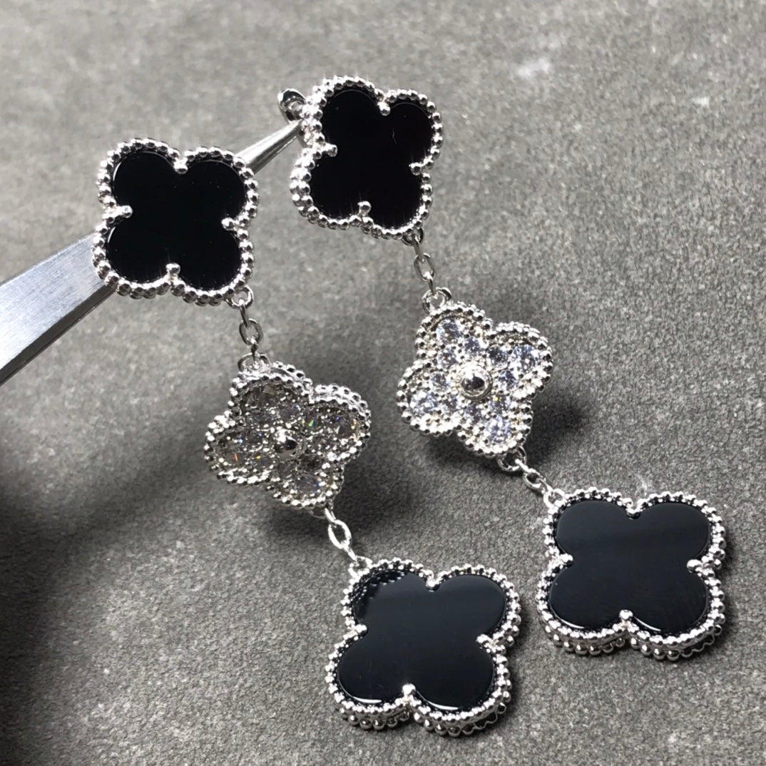 [CiCi]CLOVER 3 MOTIF DIAMOND ONYX SILVER EARRINGS